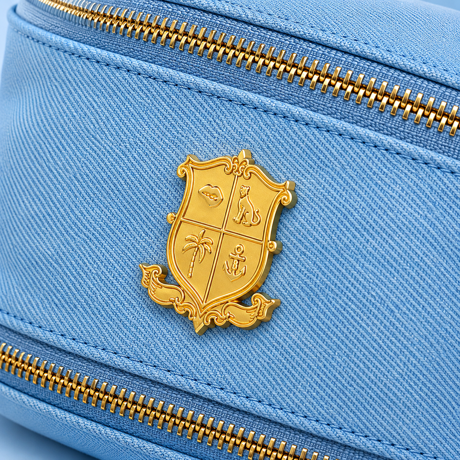Gold crest emblem on the Blue Jean belt bag