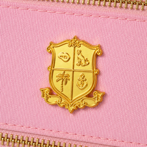 Gold crest emblem on the pink belt bag